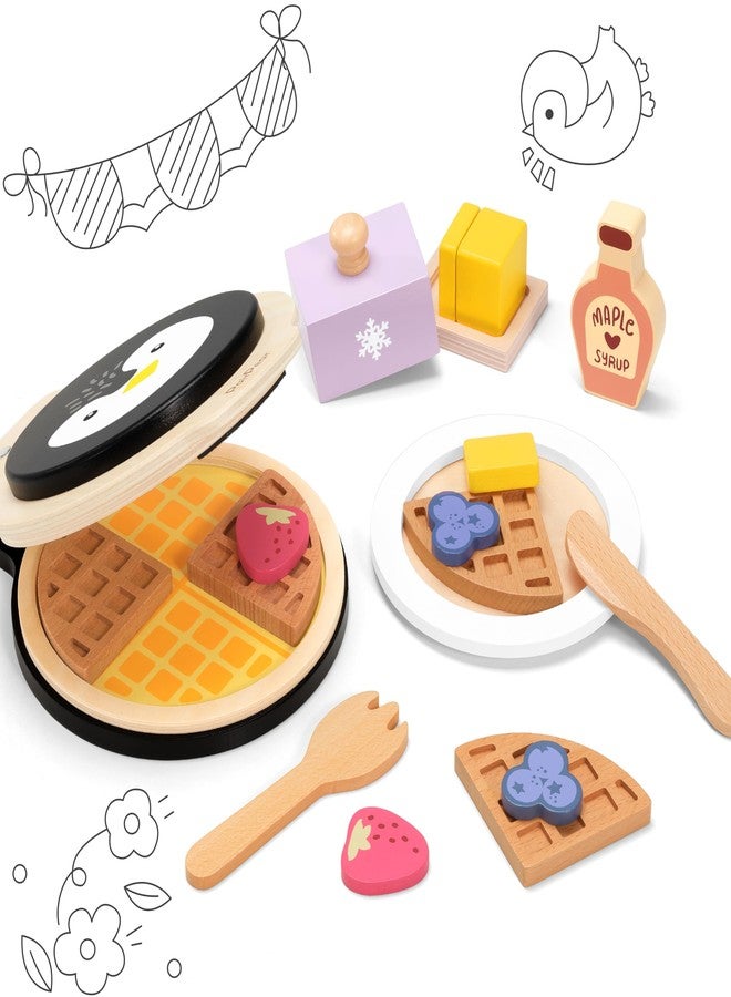 PairPear Wooden Waffle Maker Toy Food Playset, Kids Pretend Play Food Kitchen Accessories, Wooden Cooking Toy Baking Playset, Toddler Play Breakfast Brunch Tea Sets Cutting Food Gift for Girls Boys 3+ - Image 2
